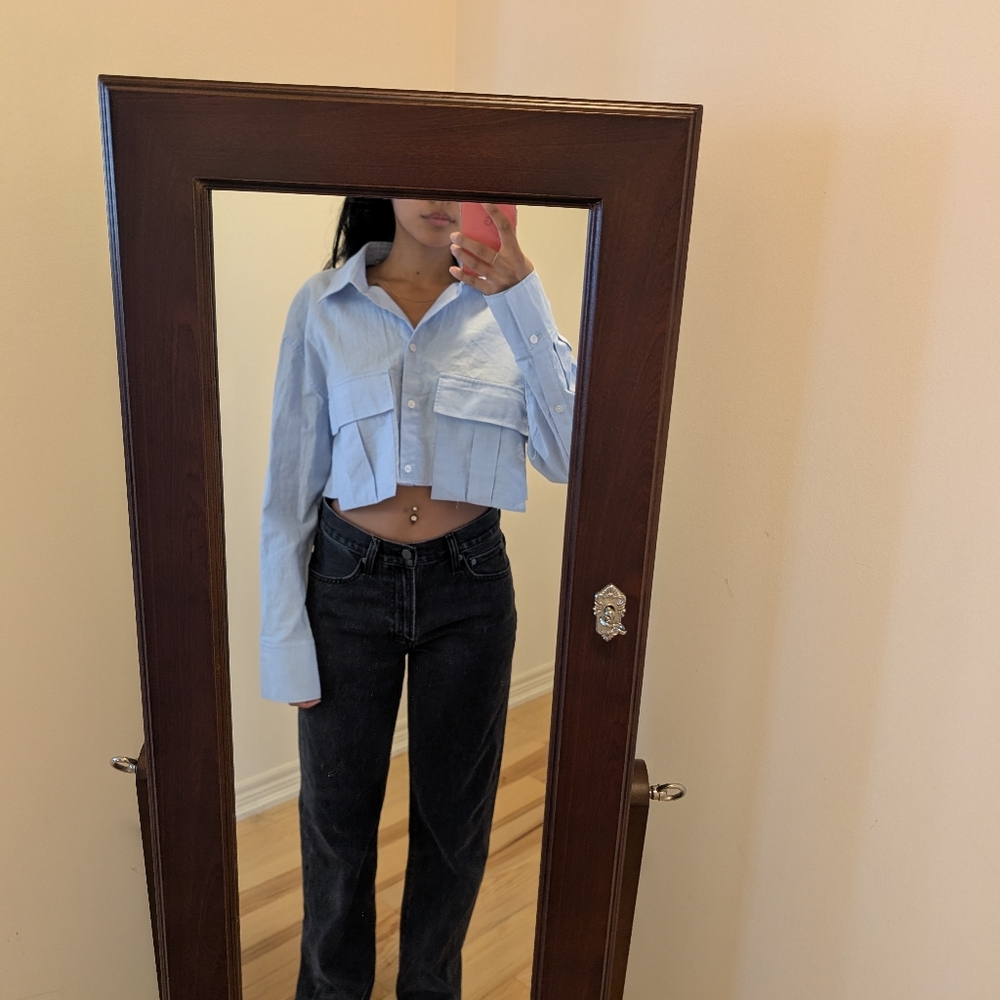 BNWT Zara Blue Cropped Button Down Utility Shirt